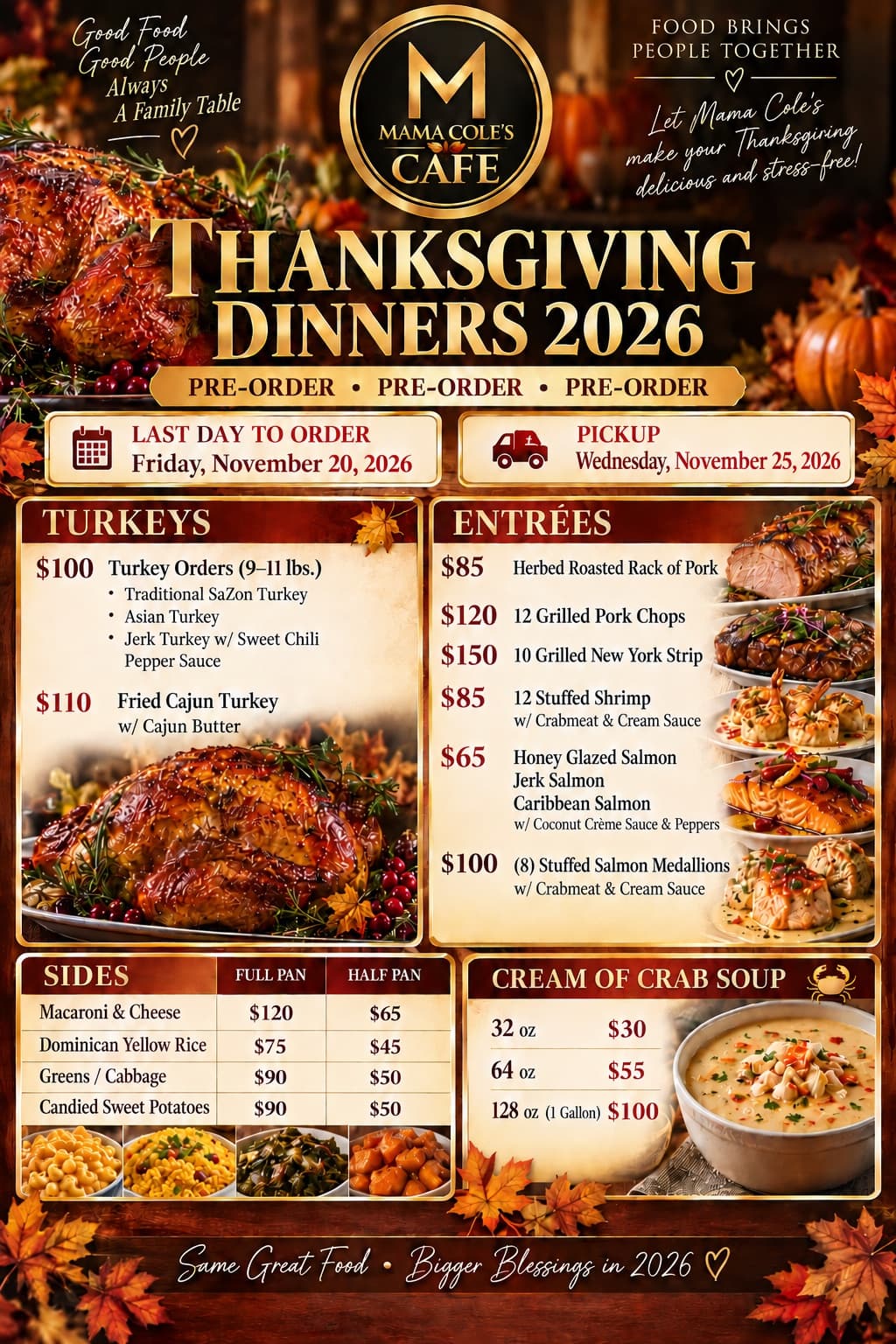 Thanksgiving Dinners 2026 flyer from Mama Cole's Cafe